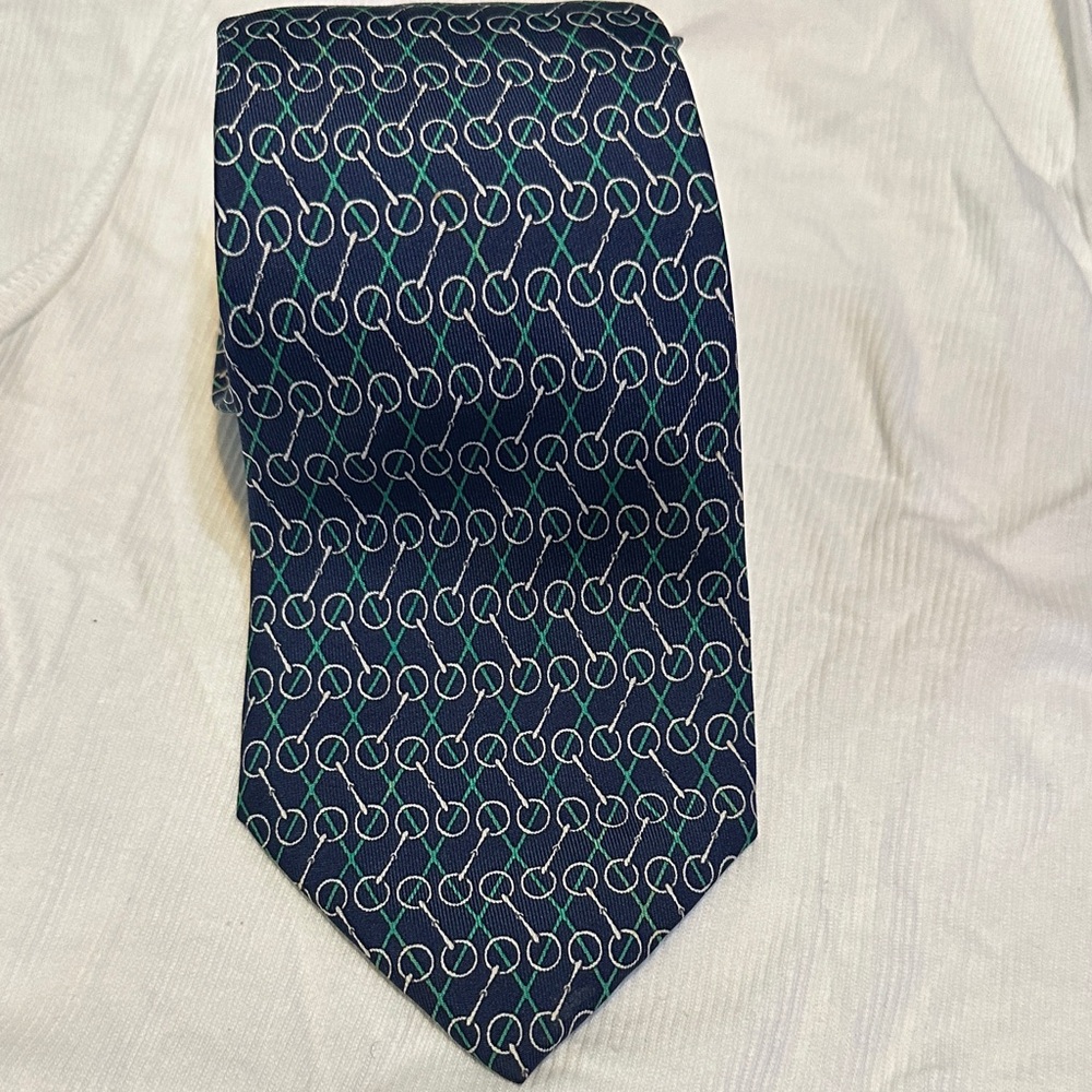 Hermes Navy Tie with Green and White Pattern